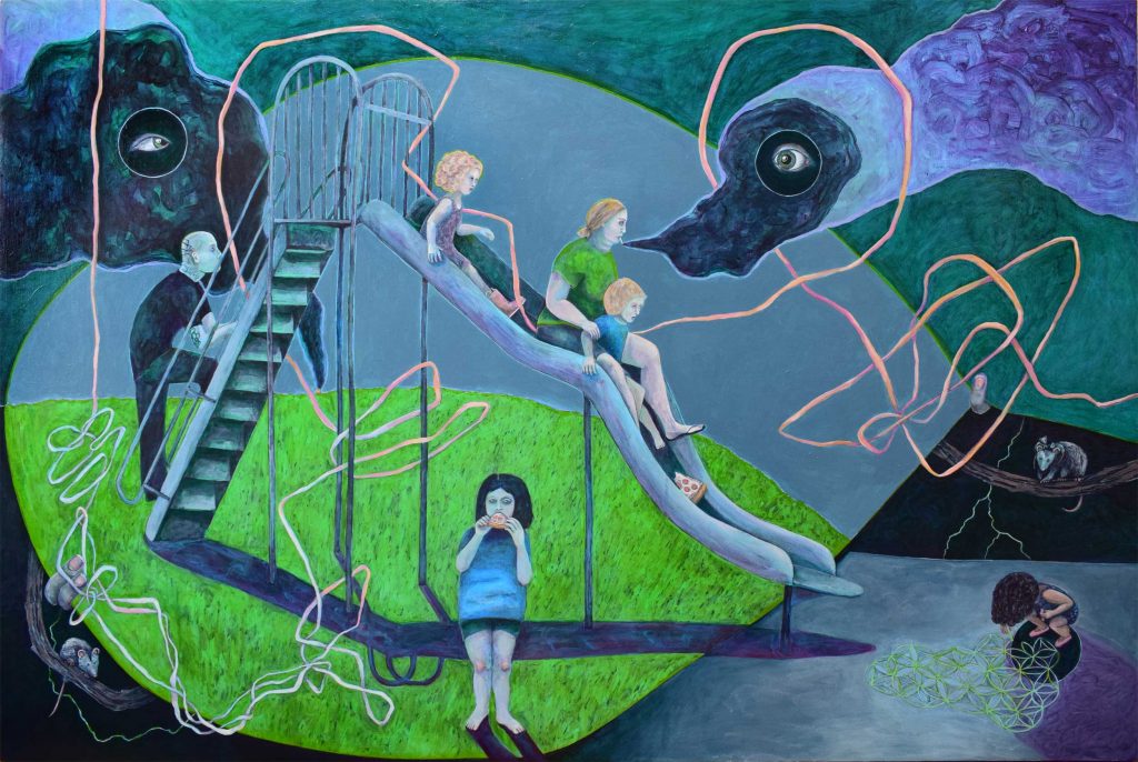 A work of art showing people sliding down a slide