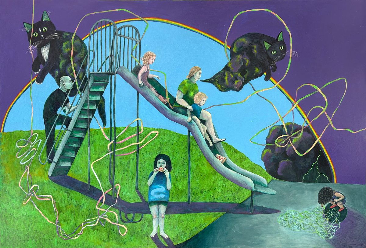 A painting showing a slide with large cat clouds floating in the sky