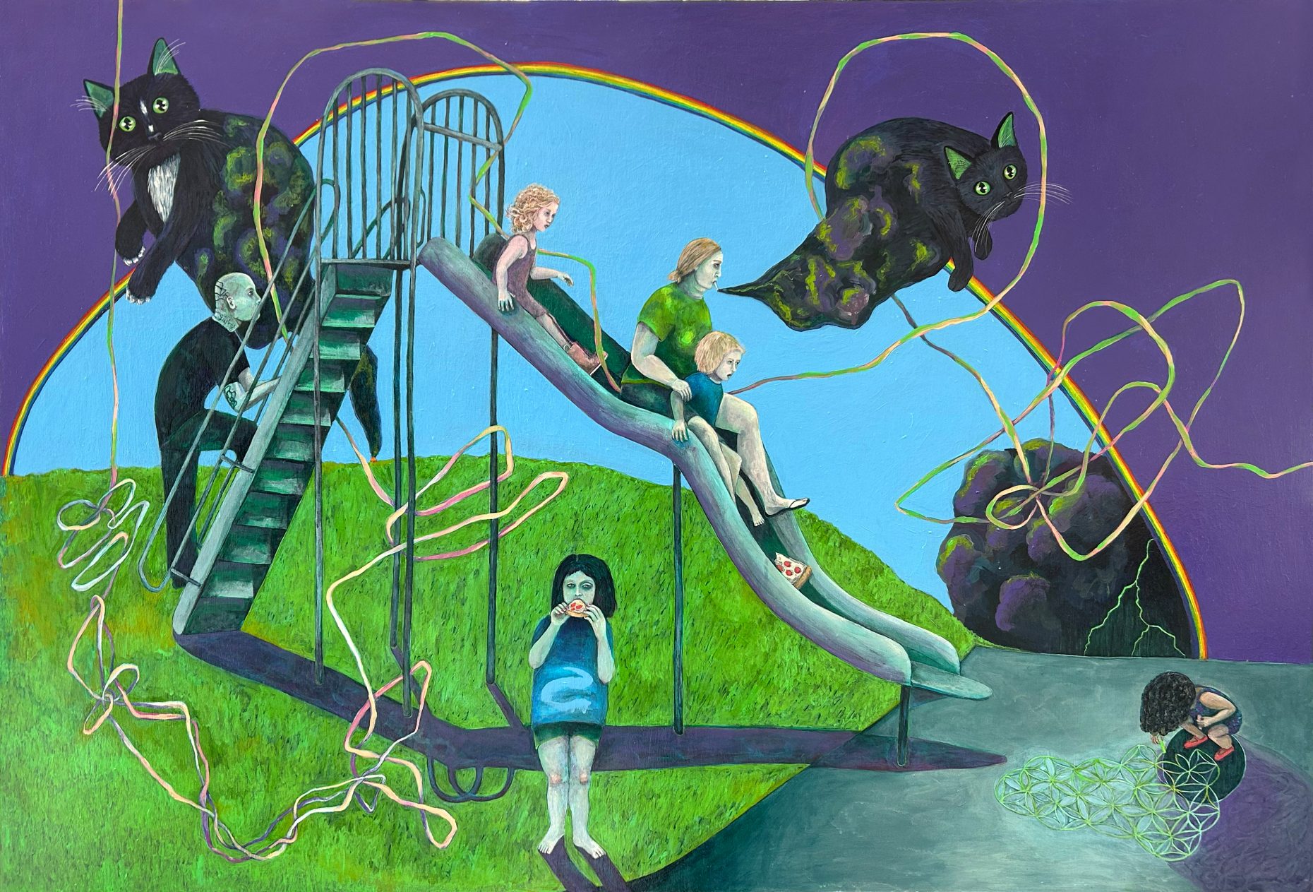 A painting showing a slide with large cat clouds floating in the sky