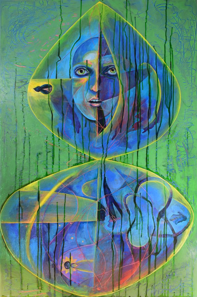 A green painting with a face