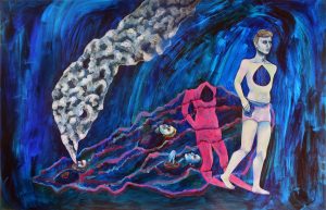 A painting of a person against a dark background